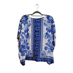 Umgee Floral Border Pattern Round Neck Short Sleeves Oversized Blouse Blue  L